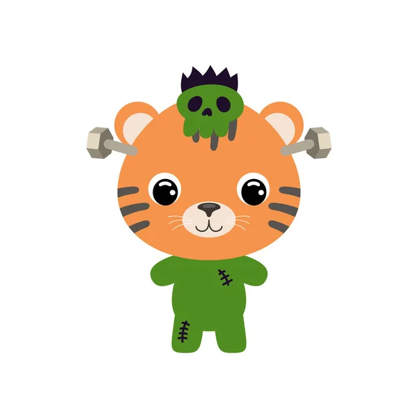 Cute Little Halloween Tiger Frankenstein Costume Cartoon Animal Character Kids — Vetor de Stock