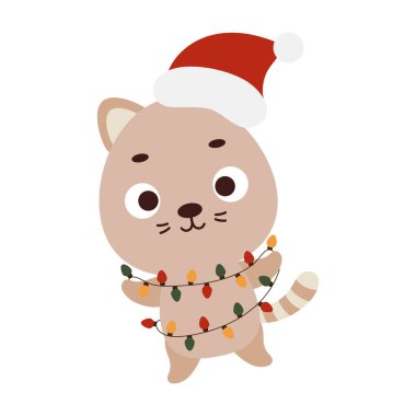Cute Christmas cat with garland on white background. Cartoon animal character for kids cards, baby shower, invitation, poster, t-shirt composition, house interior. Vector stock illustration.