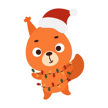 Cute Christmas squirrel with garland on white background. Cartoon animal character for kids cards, baby shower, invitation, poster, t-shirt composition, house interior. Vector stock illustration.