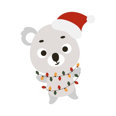 Cute Christmas koala with garland on white background. Cartoon animal character for kids cards, baby shower, invitation, poster, t-shirt composition, house interior. Vector stock illustration.