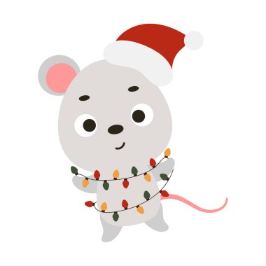Cute Christmas mouse with garland on white background. Cartoon animal character for kids cards, baby shower, invitation, poster, t-shirt composition, house interior. Vector stock illustration.