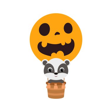 Cadılar Bayramı sıcak hava balonunda uçan şirin küçük porsuk. Çocuk tişörtleri için çizgi film karakteri, çocuk odası dekorasyonu, bebek partisi, tebrik kartı, davetiye. Vektör stok illüstrasyonu