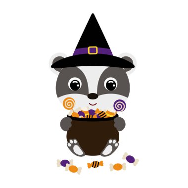 Cute Halloween badger in witch hat holding a pot with candies. Cartoon animal character for kids t-shirts, nursery decoration, baby shower, greeting card, invitation. Vector stock illustration