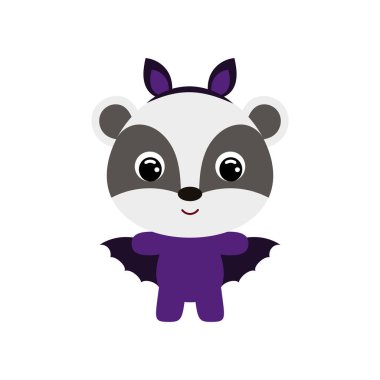 Yarasa kostümlü şirin küçük Cadılar Bayramı porsuğu. Çocuk tişörtleri için çizgi film karakteri, bebek dekorasyonu, bebek partisi, tebrik kartı, davetiye, ev içi. Vektör stok illüstrasyonu