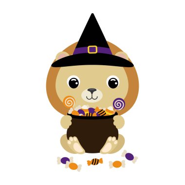 Cute Halloween lion in witch hat holding a pot with candies. Cartoon animal character for kids t-shirts, nursery decoration, baby shower, greeting card, invitation. Vector stock illustration
