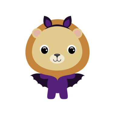 Cute little Halloween lion in a bat costume. Cartoon animal character for kids t-shirts, nursery decoration, baby shower, greeting card, invitation, house interior. Vector stock illustration