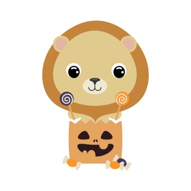 Cute Halloween lion sitting in a trick or treat bag with candies. Cartoon animal character for kids t-shirts, nursery decoration, baby shower, greeting card, invitation. Vector stock illustration