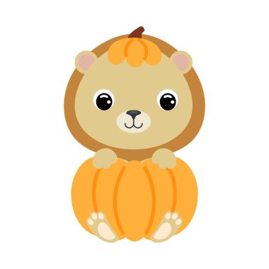 Cute little lion sitting in a pumpkin. Cartoon animal character for kids t-shirts, nursery decoration, baby shower, greeting card, invitation. Vector stock illustration