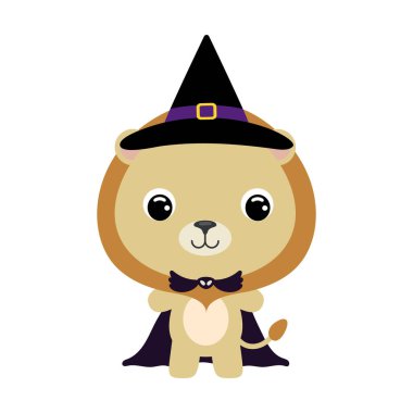 Cute little Halloween lion in a wizard costume. Cartoon animal character for kids t-shirts, nursery decoration, baby shower, greeting card, invitation, house interior. Vector stock illustration