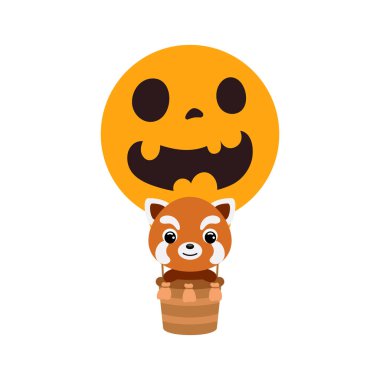 Cadılar bayramı sıcak hava balonunda uçan şirin kırmızı panda. Çocuk tişörtleri için çizgi film karakteri, çocuk odası dekorasyonu, bebek partisi, tebrik kartı, davetiye. Vektör stok illüstrasyonu