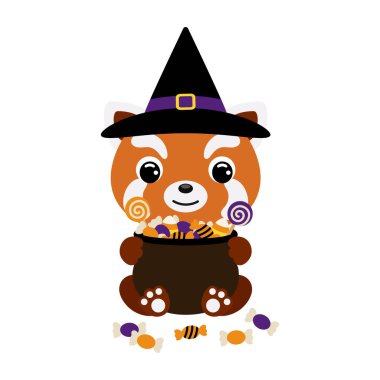Cute Halloween red panda in witch hat holding a pot with candies. Cartoon animal character for kids t-shirts, nursery decoration, baby shower, greeting card, invitation. Vector stock illustration