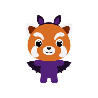 Yarasa kostümlü şirin küçük Cadılar Bayramı kırmızı pandası. Çocuk tişörtleri için çizgi film karakteri, bebek dekorasyonu, bebek partisi, tebrik kartı, davetiye, ev içi. Vektör stok illüstrasyonu