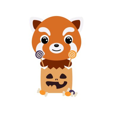 Tatlı Cadılar Bayramı kırmızı pandası şeker dolu şeker torbasında oturuyor. Çocuk tişörtleri için çizgi film karakteri, çocuk odası dekorasyonu, bebek partisi, tebrik kartı, davetiye. Vektör stok illüstrasyonu