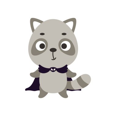 Büyücü kostümü giymiş şirin bir Cadılar Bayramı rakunu. Çocuk tişörtleri için çizgi film karakteri, bebek dekorasyonu, bebek partisi, tebrik kartı, davetiye, ev içi. Vektör stok illüstrasyonu