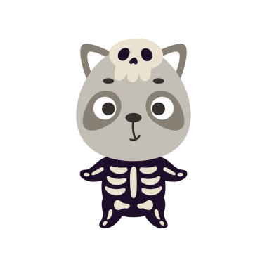 İskelet kostümlü şirin bir cadılar bayramı rakunu. Çocuk tişörtleri için çizgi film karakteri, bebek dekorasyonu, bebek partisi, tebrik kartı, davetiye, ev içi. Vektör stok illüstrasyonu