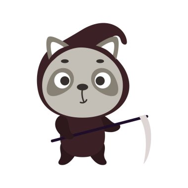 Cute little Halloween raccoon in a grim Reaper costume. Cartoon animal character for kids t-shirts, nursery decoration, baby shower, greeting card, invitation, decor. Vector stock illustration