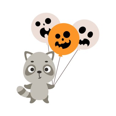 Cute little raccoon holding Halloween balloons. Cartoon animal character for kids t-shirts, nursery decoration, baby shower, greeting card, invitation. Vector stock illustration
