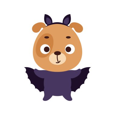 Yarasa kostümü giymiş şirin bir Cadılar Bayramı köpeği. Çocuk tişörtleri için çizgi film karakteri, bebek dekorasyonu, bebek partisi, tebrik kartı, davetiye, ev içi. Vektör stok illüstrasyonu