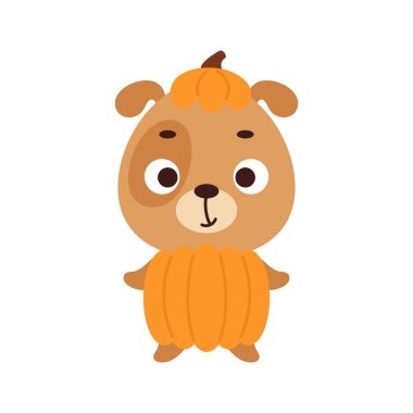 Cute little Halloween dog in a pumpkin costume. Cartoon animal character for kids t-shirts, nursery decoration, baby shower, greeting card, invitation, house interior. Vector stock illustration