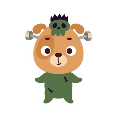 Frankenstein kostümü giymiş şirin bir cadılar bayramı köpeği. Çocuk tişörtleri için çizgi film karakteri, çocuk odası dekorasyonu, bebek partisi, tebrik kartı, davetiye. Vektör stok illüstrasyonu