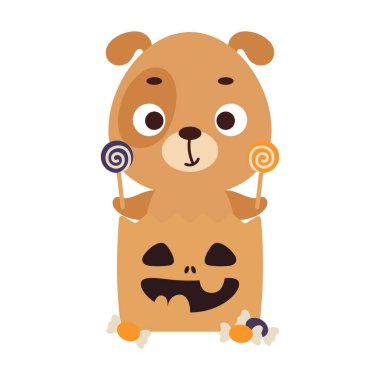 Tatlı cadılar bayramı köpeği şeker dolu şeker mi şaka mı çantasında oturuyor. Çocuk tişörtleri için çizgi film karakteri, çocuk odası dekorasyonu, bebek partisi, tebrik kartı, davetiye. Vektör stok illüstrasyonu