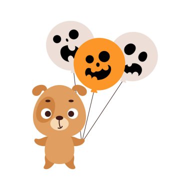 Cute little dog holding Halloween balloons. Cartoon animal character for kids t-shirts, nursery decoration, baby shower, greeting card, invitation. Vector stock illustration