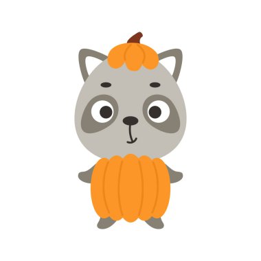 Cute little Halloween raccoon in a pumpkin costume. Cartoon animal character for kids t-shirts, nursery decoration, baby shower, greeting card, invitation, house interior. Vector stock illustration