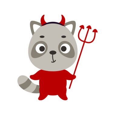 Şeytan kostümü giymiş şirin bir cadılar bayramı rakunu. Çocuk tişörtleri için çizgi film karakteri, bebek dekorasyonu, bebek partisi, tebrik kartı, davetiye, ev içi. Vektör stok illüstrasyonu