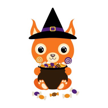 Cute Halloween squirrel in witch hat holding a pot with candies. Cartoon animal character for kids t-shirts, nursery decoration, baby shower, greeting card, invitation. Vector stock illustration