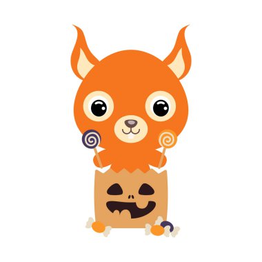 Tatlı Cadılar Bayramı sincabı şeker dolu şeker torbasında oturuyor. Çocuk tişörtleri için çizgi film karakteri, çocuk odası dekorasyonu, bebek partisi, tebrik kartı, davetiye. Vektör stok illüstrasyonu