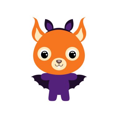 Yarasa kostümü giymiş şirin bir Cadılar Bayramı sincabı. Çocuk tişörtleri için çizgi film karakteri, bebek dekorasyonu, bebek partisi, tebrik kartı, davetiye, ev içi. Vektör stok illüstrasyonu