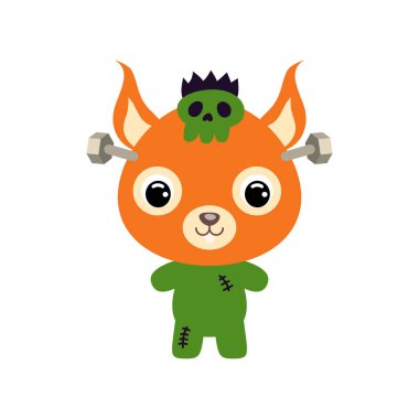 Frankenstein kostümlü şirin bir Cadılar Bayramı sincabı. Çocuk tişörtleri için çizgi film karakteri, çocuk odası dekorasyonu, bebek partisi, tebrik kartı, davetiye. Vektör stok illüstrasyonu