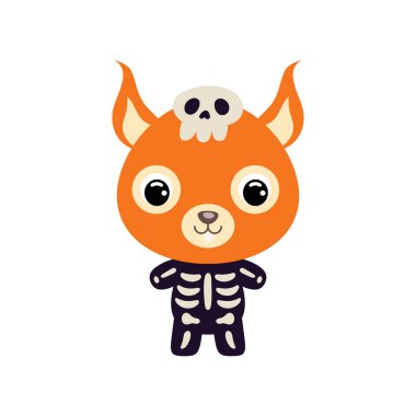 İskelet kostümlü şirin bir cadılar bayramı sincabı. Çocuk tişörtleri için çizgi film karakteri, bebek dekorasyonu, bebek partisi, tebrik kartı, davetiye, ev içi. Vektör stok illüstrasyonu