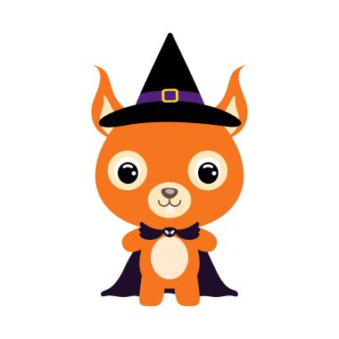 Büyücü kostümü giymiş şirin bir Cadılar Bayramı sincabı. Çocuk tişörtleri için çizgi film karakteri, bebek dekorasyonu, bebek partisi, tebrik kartı, davetiye, ev içi. Vektör stok illüstrasyonu