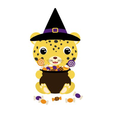 Cute Halloween cheetah in witch hat holding a pot with candies. Cartoon animal character for kids t-shirts, nursery decoration, baby shower, greeting card, invitation. Vector stock illustration