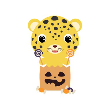 Cute Halloween cheetah sitting in a trick or treat bag with candies. Cartoon animal character for kids t-shirts, nursery decoration, baby shower, greeting card, invitation. Vector stock illustration