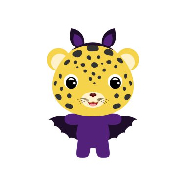 Cute little Halloween cheetah in a bat costume. Cartoon animal character for kids t-shirts, nursery decoration, baby shower, greeting card, invitation, house interior. Vector stock illustration