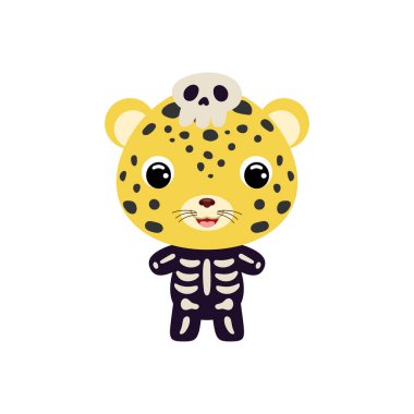 Cute little Halloween cheetah in a skeleton costume. Cartoon animal character for kids t-shirts, nursery decoration, baby shower, greeting card, invitation, house interior. Vector stock illustration
