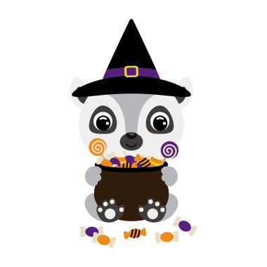 Cute Halloween lemur in witch hat holding a pot with candies. Cartoon animal character for kids t-shirts, nursery decoration, baby shower, greeting card, invitation. Vector stock illustration