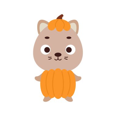 Cute little Halloween cat in a pumpkin costume. Cartoon animal character for kids t-shirts, nursery decoration, baby shower, greeting card, invitation, house interior. Vector stock illustration