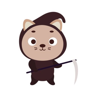 Cute little Halloween cat in a grim Reaper costume. Cartoon animal character for kids t-shirts, nursery decoration, baby shower, greeting card, invitation, decor. Vector stock illustration