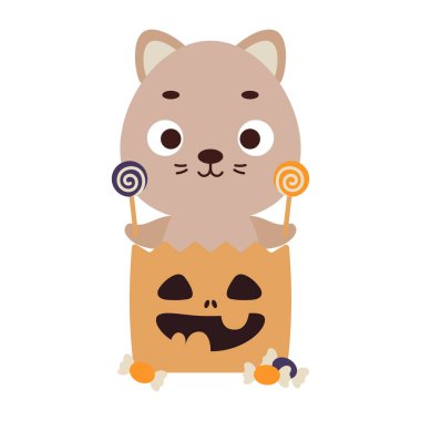 Cute Halloween cat sitting in a trick or treat bag with candies. Cartoon animal character for kids t-shirts, nursery decoration, baby shower, greeting card, invitation. Vector stock illustration