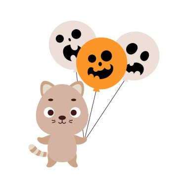 Cute little cat holding Halloween balloons. Cartoon animal character for kids t-shirts, nursery decoration, baby shower, greeting card, invitation. Vector stock illustration