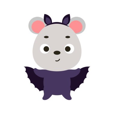 Yarasa kostümü giymiş şirin bir Cadılar Bayramı faresi. Çocuk tişörtleri için çizgi film karakteri, bebek dekorasyonu, bebek partisi, tebrik kartı, davetiye, ev içi. Vektör stok illüstrasyonu