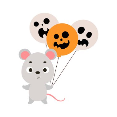 Cute little mouse holding Halloween balloons. Cartoon animal character for kids t-shirts, nursery decoration, baby shower, greeting card, invitation. Vector stock illustration