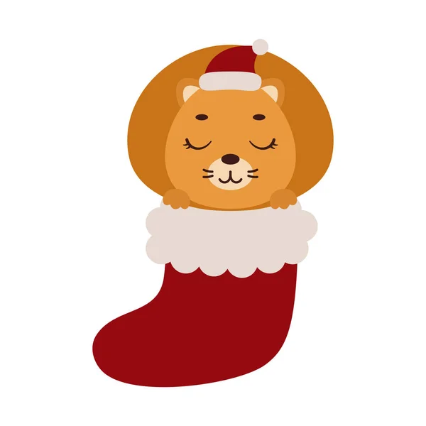 Cute Little Lion Christmas Sock Cartoon Animal Character Kids Cards — 스톡 벡터