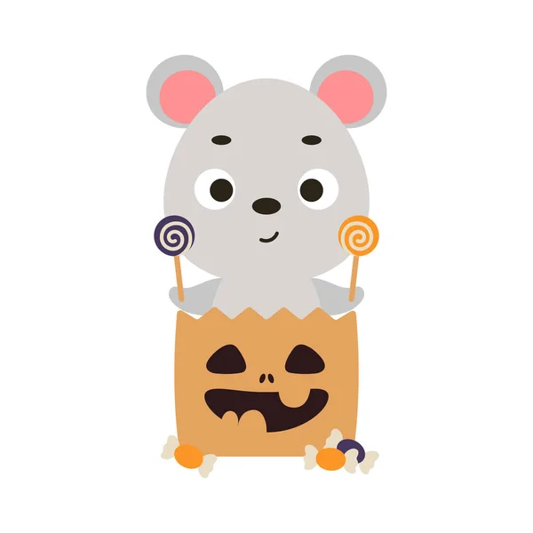 Cute Halloween Mouse Sitting Trick Treat Bag Candies Cartoon Animal — Vetor de Stock