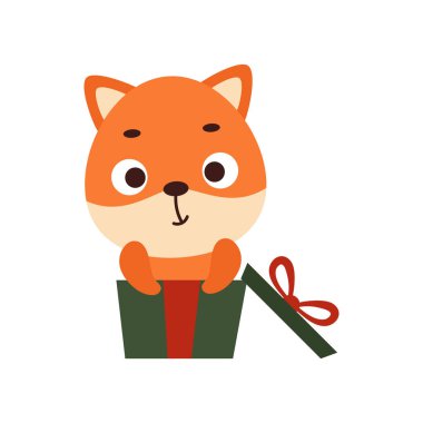 Cute little fox sitting in gift box. Cartoon animal character for kids t-shirts, nursery decoration, baby shower, greeting cards, house interior. Vector stock illustration.