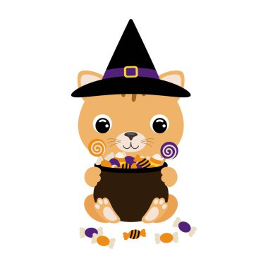 Cute Halloween cat in witch hat holding a pot with candies. Cartoon animal character for kids t-shirts, nursery decoration, baby shower, greeting card, invitation. Vector stock illustration