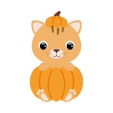 Cute little cat sitting in a pumpkin. Cartoon animal character for kids t-shirts, nursery decoration, baby shower, greeting card, invitation. Vector stock illustration